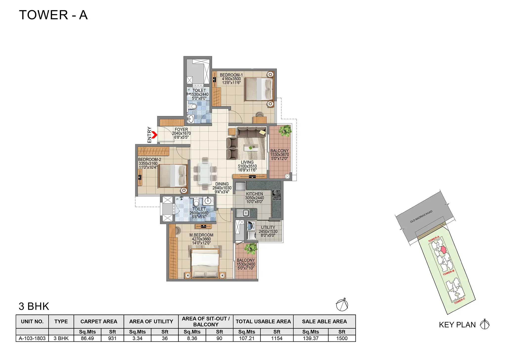 Floor plan Tower A - 1,500 sq.ft.