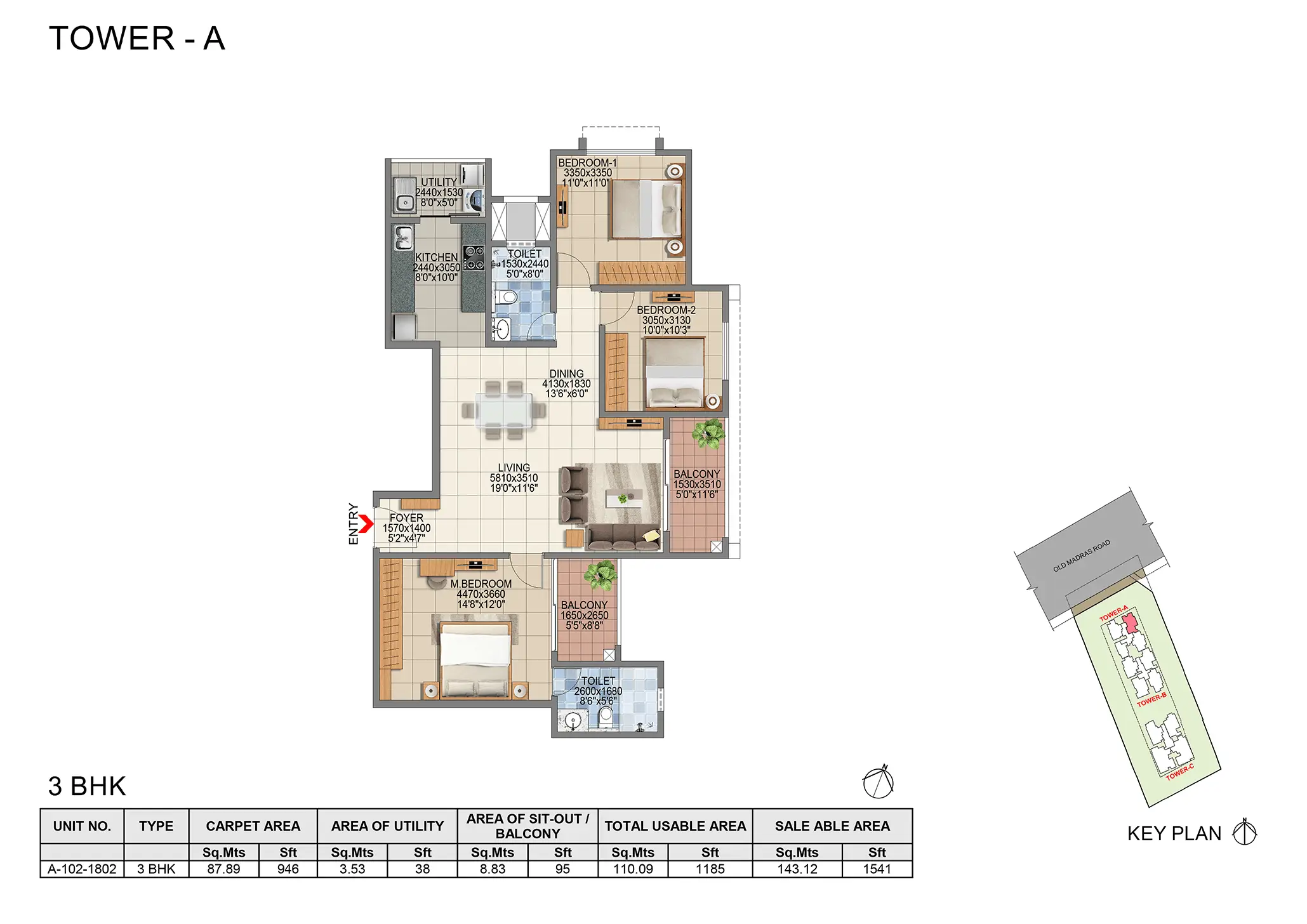 Floor plan Tower A - 1,541 sq.ft.