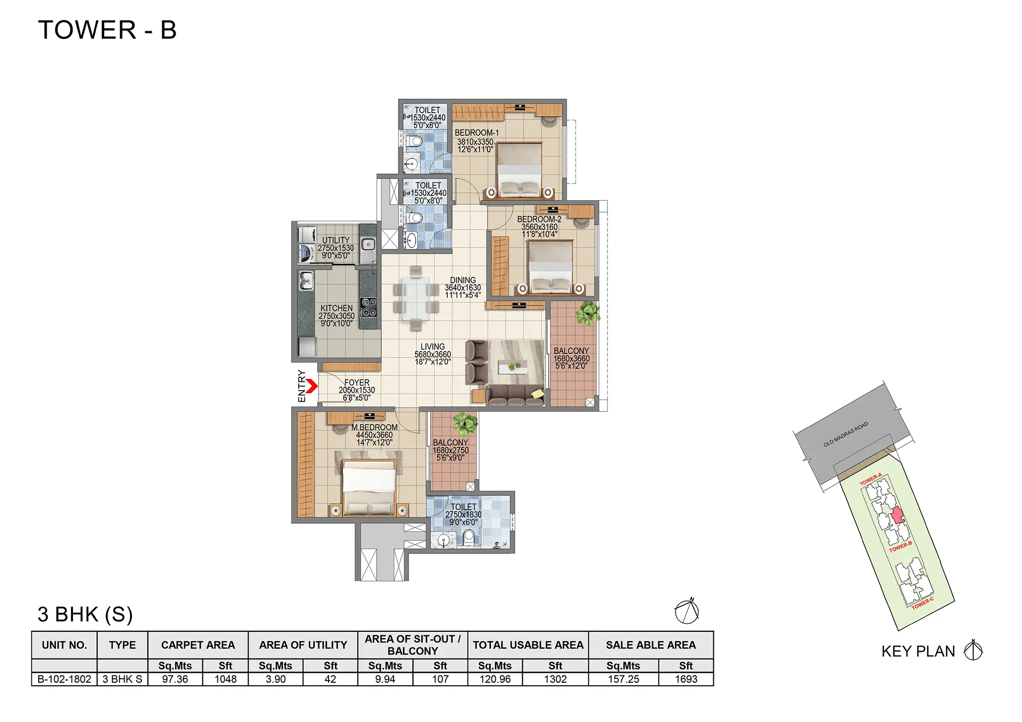 Floor plan Tower B - 1,693 sq.ft.
